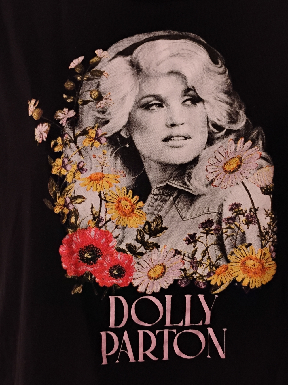 Dolly Parton Black Graphic Tee with Floral Print